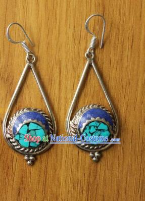 Chinese Traditional Tibetan Nationality Dance Ear Accessories Handmade Decoration Zang Ethnic Dance Blue Earrings for Women