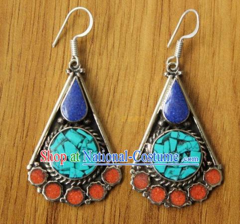 Chinese Traditional Tibetan Nationality Ear Accessories Handmade Decoration Zang Ethnic Dance Blue Earrings for Women