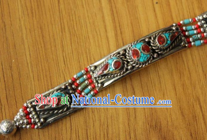 Chinese Traditional Tibetan Nationality Bracelet Jewelry Accessories Decoration Zang Ethnic Handmade Silver Carving Bangle for Women