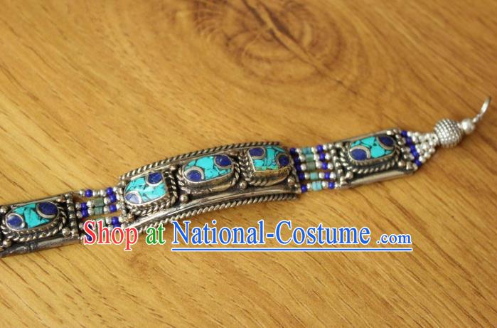 Chinese Traditional Tibetan Nationality Blue Stone Bracelet Jewelry Accessories Decoration Zang Ethnic Handmade Silver Carving Bangle for Women