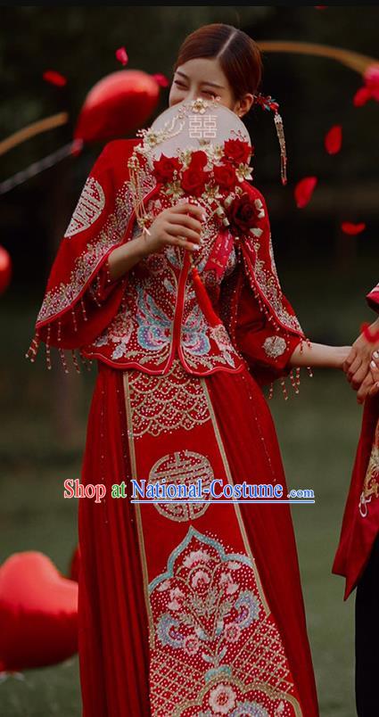 Chinese Traditional Bride Apparels Embroidered Red Blouse and Dress Costumes Wedding Drilling Xiuhe Suits for Women