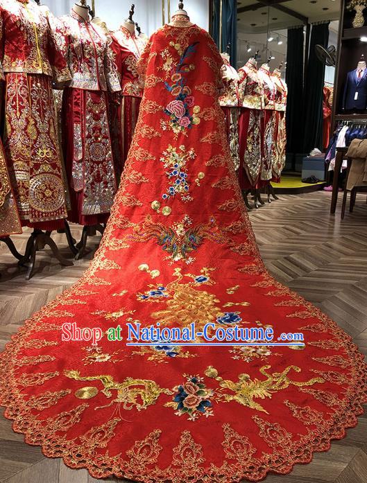 Chinese Traditional Bride Embroidered Red Cape Apparels Costumes Wedding Xiuhe Suits Trailing Four Meter Cloak for Women