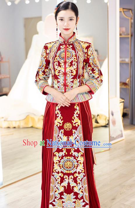 Chinese Traditional Bride Embroidered Red Apparels Blouse and Dress Costumes Wedding Xiuhe Suits for Women