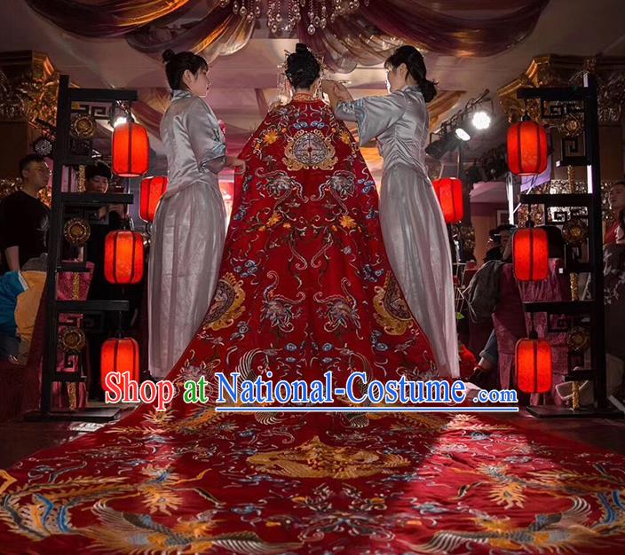 Chinese Traditional Bride Embroidered Long Trailing Three Meter Red Cape Apparels Costumes Wedding Xiuhe Suits Cloak for Women