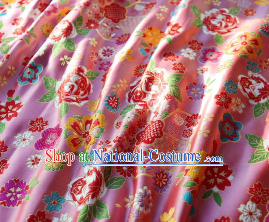 Japanese Traditional Rose Flowers Pattern Design Pink Brocade Fabric Nishijin Silk Traditional Asian Yamato Kimono Tapestry Satin Material