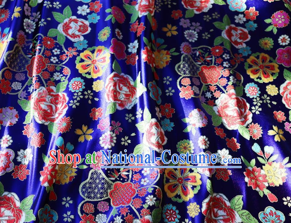 Japanese Traditional Rose Flowers Pattern Design Royalblue Brocade Fabric Nishijin Silk Traditional Asian Yamato Kimono Tapestry Satin Material