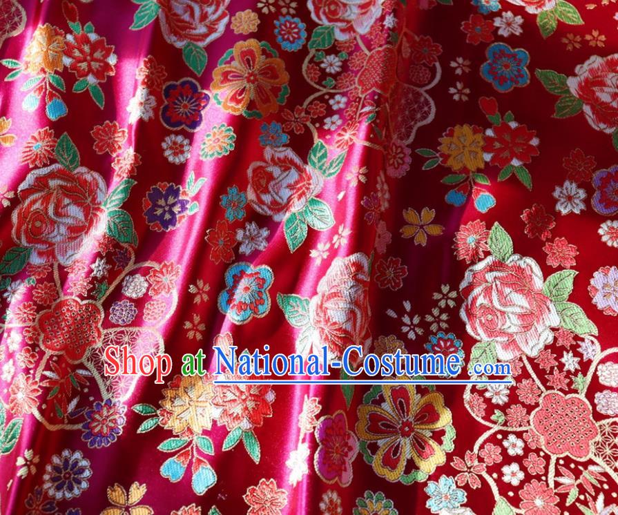 Japanese Traditional Rose Flowers Pattern Design Rosy Brocade Fabric Nishijin Silk Traditional Asian Yamato Kimono Tapestry Satin Material