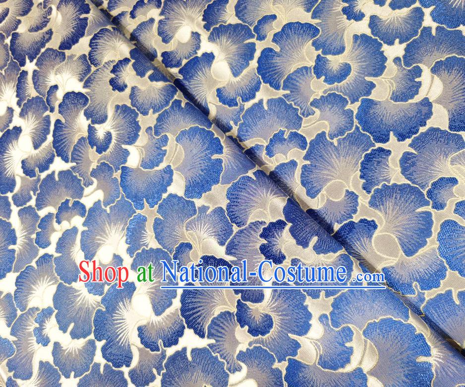 Asian Chinese Traditional Blue Ginkgo Leaf Pattern Design White Brocade Fabric Silk Tang Suit Tapestry Material