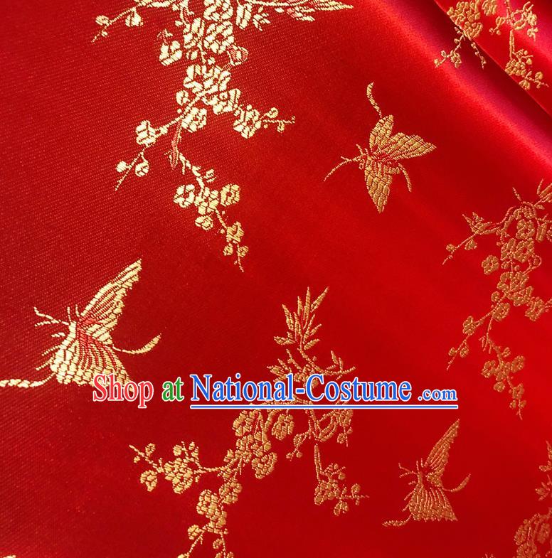 Asian Chinese Traditional Butterfly Plum Pattern Design Red Brocade Fabric Tapestry Cheongsam Silk Material