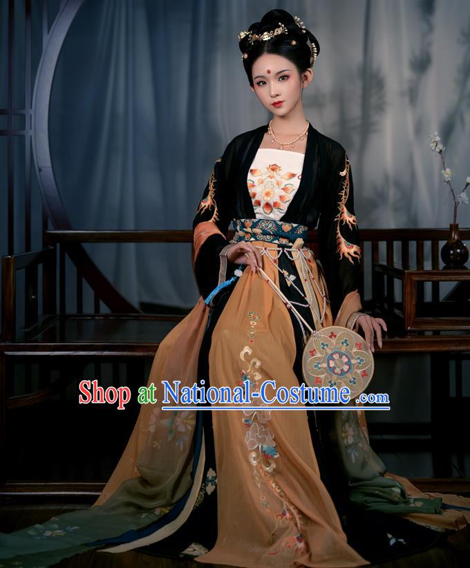 Chinese Ancient Court Maid Costumes Tang Dynasty Palace Lady Hanfu Garment Black Blouse Camisole and Embroidered Skirt Complete Set