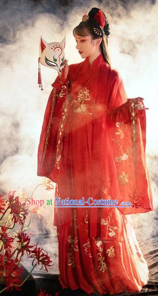 Chinese Ancient Fox Fairy Red Hanfu Costumes Jin Dynasty Royal Princess Cloak Blouse and Skirt Wedding Garment Full Set