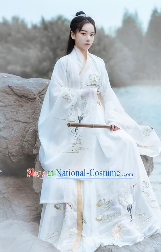 Chinese Ancient Jin Dynasty Noble Childe Hanfu Garment Swordsman Embroidered White Cloak Blouse and Skirt Historical Costumes for Men