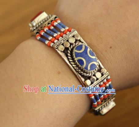 Chinese Traditional Tibetan Nationality Court Silver Bracelet Jewelry Accessories Decoration Zang Ethnic Handmade Royalblue Bangle for Women