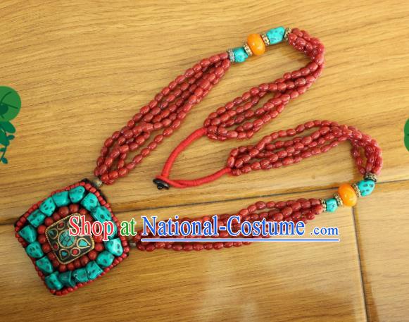 Chinese Traditional Tibetan Nationality Red Beads Jewelry Accessories Decoration Zang Ethnic Handmade Kallaite Necklace Pendant for Women