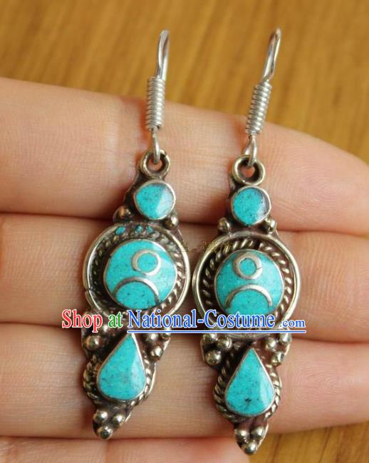 Chinese Traditional Tibetan Nationality Kallaite Ear Accessories Handmade Decoration Zang Ethnic Folk Dance Earrings Headwear for Women