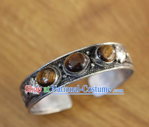 Chinese Traditional Tibetan Nationality Brown Stone Bracelet Jewelry Accessories Decoration Zang Ethnic Handmade Silver Carving Bangle for Women