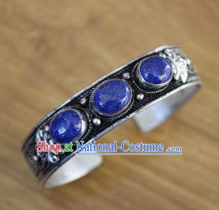 Chinese Traditional Tibetan Nationality Blue Stone Bracelet Jewelry Accessories Decoration Zang Ethnic Handmade Silver Carving Bangle for Women