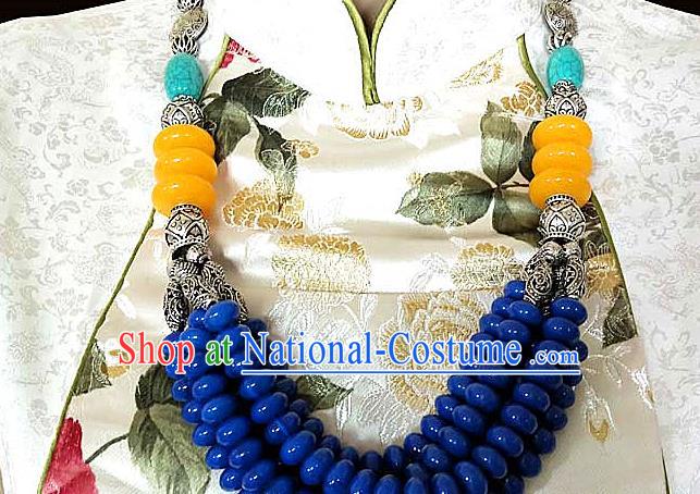 Chinese Traditional Zang Nationality Folk Dance Necklet Decoration Tibetan Ethnic Handmade Blue Beads Necklace Jewelry Accessories for Women