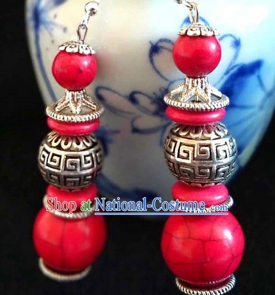 Chinese Traditional Zang Ethnic Red Beads Earrings Tibetan Nationality Ear Accessories Handmade Eardrop Decoration for Women