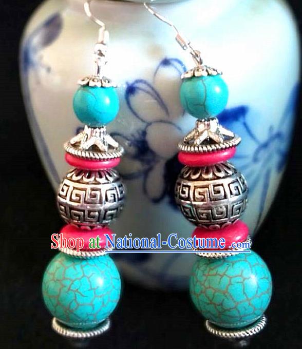 Chinese Traditional Zang Ethnic Blue Beads Earrings Tibetan Nationality Ear Accessories Handmade Eardrop Decoration for Women