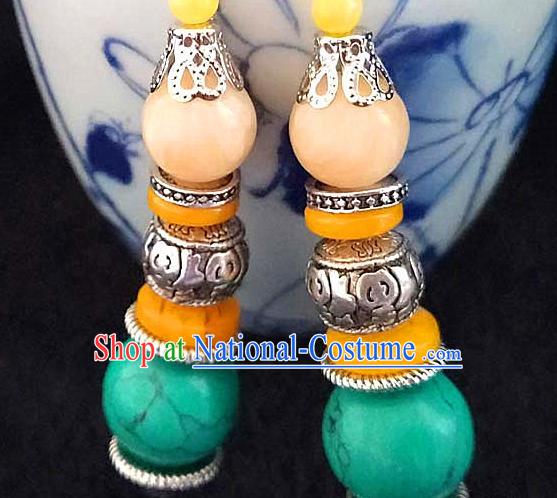 Chinese Traditional Zang Ethnic Blue Beads Beeswax Earrings Tibetan Nationality Ear Accessories Handmade Eardrop Decoration for Women