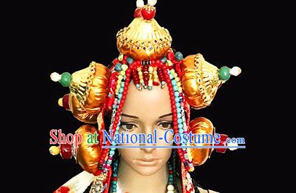 Chinese Traditional Tibetan Nationality Folk Dance Golden Hair Accessories Decoration Handmade Zang Ethnic Bride Wedding Headwear for Women