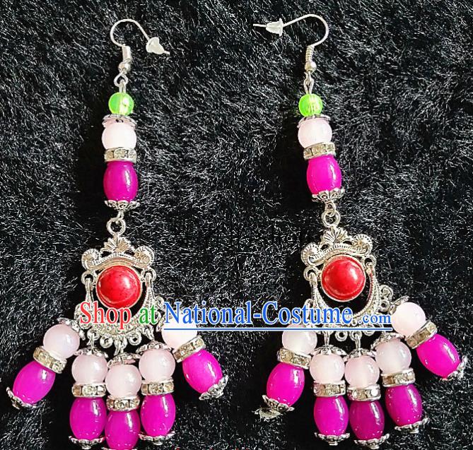 Chinese Traditional Zang Ethnic Rosy Beads Earrings Bohemian Ear Accessories Handmade Eardrop Decoration for Women