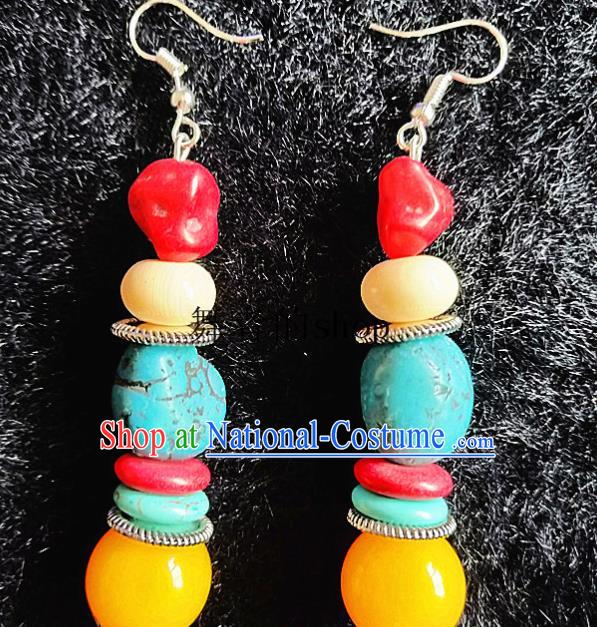 Chinese Traditional Zang Ethnic Earrings Bohemian Ear Accessories Handmade Stone Eardrop Decoration for Women