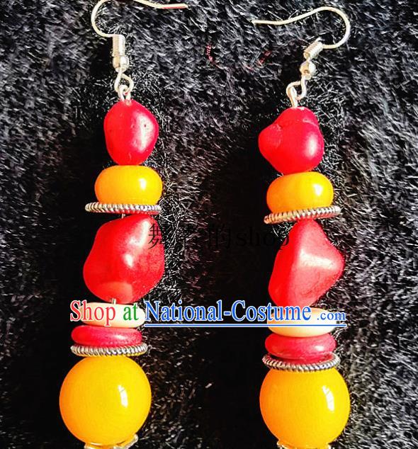 Chinese Traditional Zang Ethnic Earrings Bohemian Ear Accessories Handmade Red Stone Eardrop Decoration for Women