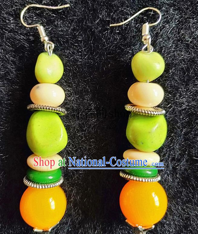 Chinese Traditional Zang Ethnic Earrings Bohemian Ear Accessories Handmade Green Stone Eardrop Decoration for Women