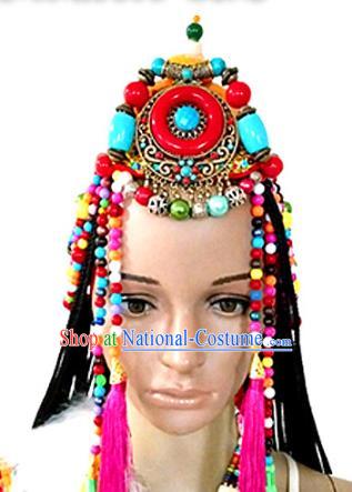 Chinese Traditional Tibetan Nationality Folk Dance Beads Hair Accessories Decoration Handmade Zang Ethnic Bride Wedding Tassel Headwear for Women