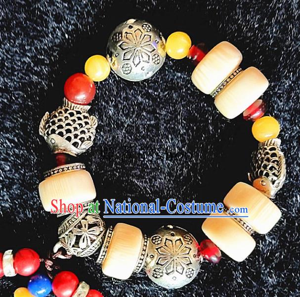 Chinese Traditional Tibetan Nationality Carving Silver Beads Bracelet Accessories Decoration Handmade Zang Ethnic Bangle for Women