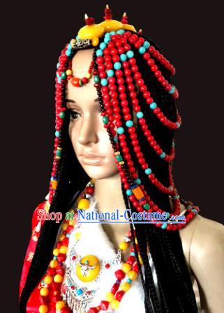 Chinese Traditional Tibetan Nationality Red Beads Hair Accessories Decoration Handmade Zang Ethnic Folk Dance Tassel Headwear for Women