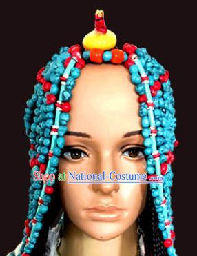 Chinese Traditional Tibetan Nationality Blue Beads Hair Accessories Decoration Handmade Zang Ethnic Folk Dance Tassel Headwear for Women