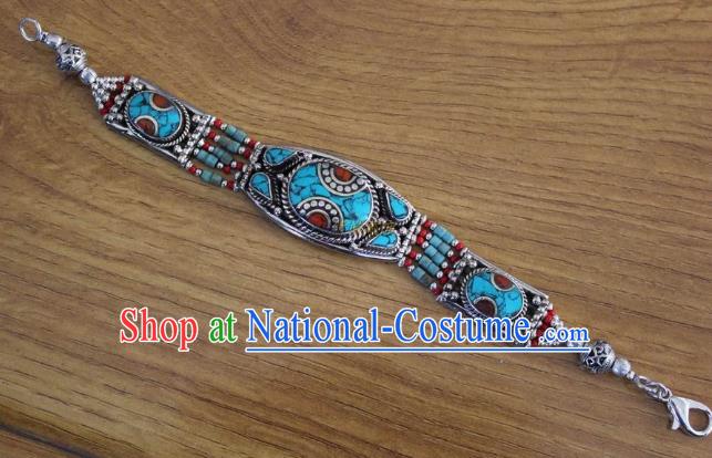 Chinese Traditional Tibetan Nationality Blue Beads Bracelet Jewelry Accessories Decoration Handmade Zang Ethnic Kallaite Bangle for Women