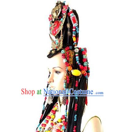 Chinese Traditional Tibetan Nationality Bride Hair Accessories Decoration Handmade Zang Ethnic Folk Dance Wedding Headdress for Women