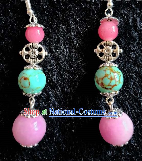 Chinese Traditional Zang Ethnic Pink Bead Earrings Ear Accessories Handmade Tibetan Nationality Eardrop Decoration for Women