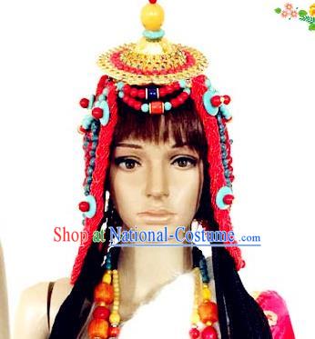 Chinese Traditional Tibetan Nationality Folk Dance Red Sennit Hair Accessories Decoration Handmade Zang Ethnic Stage Show Headdress for Women