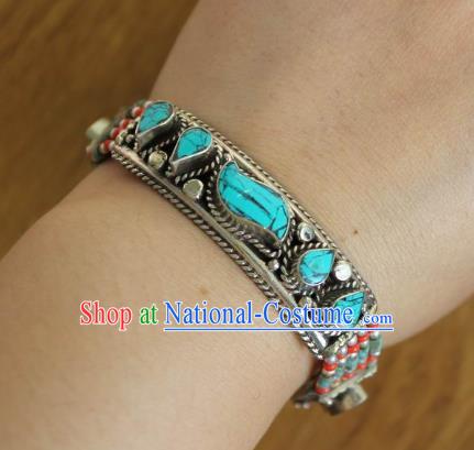 Chinese Traditional Tibetan Nationality Calaite Bracelet Jewelry Accessories Decoration Handmade Zang Ethnic Turquoise Bangle for Women