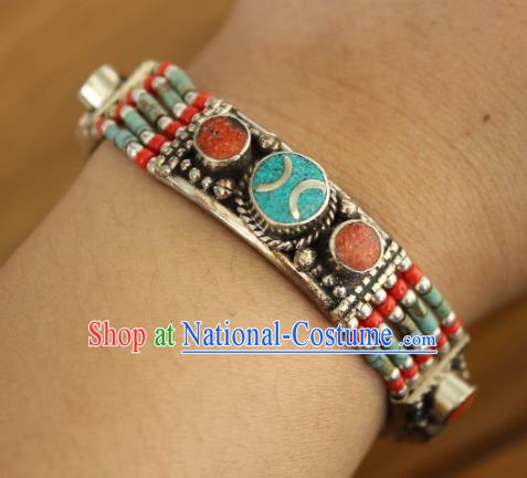 Chinese Traditional Tibetan Nationality Court Bracelet Jewelry Accessories Decoration Zang Ethnic Handmade Silver Bangle for Women