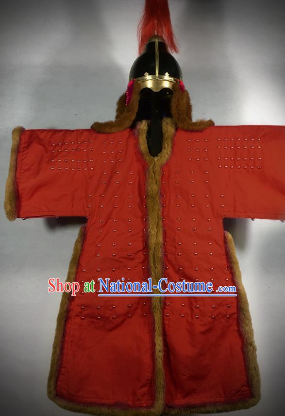 Traditional Korean Ming Dynasty General Red Body Armor and Helmet Ancient Warrior Costumes for Men