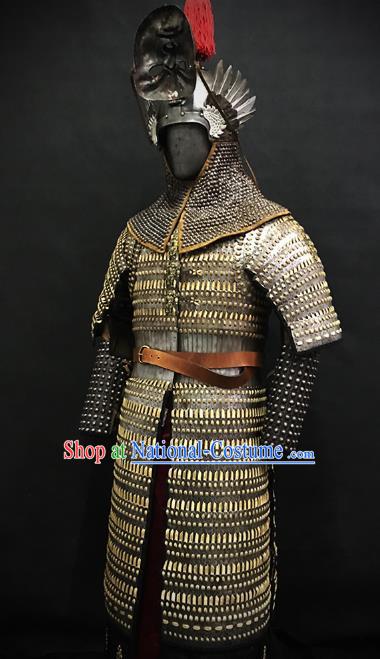 Traditional Chinese Ming Dynasty General Iron Body Armor Ancient Warrior Costumes and Helmet for Men