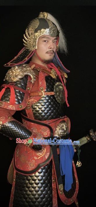 Traditional Chinese Han Dynasty General Body Armor Ancient Warrior Military Officer Costumes and Helmet for Men