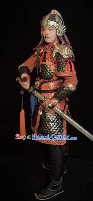 Traditional Chinese Han Dynasty General Body Armor Ancient Warrior Military Officer Costumes and Helmet for Men