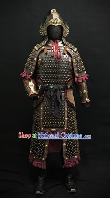 Traditional Chinese Song Dynasty General Iron Leather Body Armor Ancient Warrior Military Officer Costumes and Helmet for Men