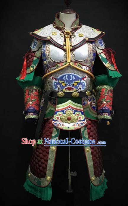 Traditional Chinese Tang Dynasty General Iron Leather Body Armor Ancient Warrior Military Officer Costumes and Helmet Full Set