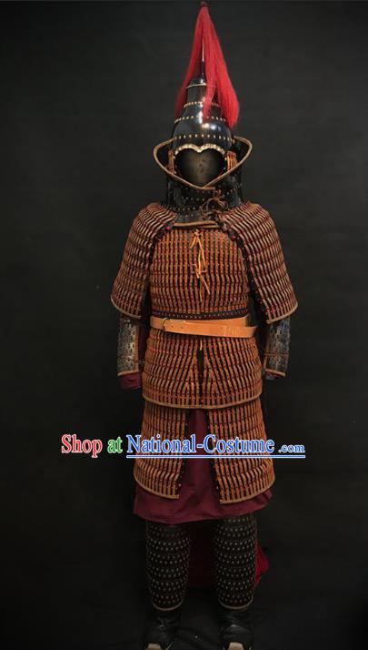 Traditional Chinese Jin Dynasty General Body Armor Ancient Military Officer Cavalry Costumes and Helmet Full Set