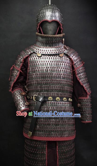 Traditional Chinese Eastern Jin Dynasty General Body Armor Ancient Military Officer Cavalry Costumes and Helmet Full Set