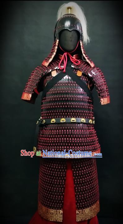 Traditional Chinese Tang Dynasty General Body Armor Ancient Cavalry Warrior Costumes and Helmet Full Set