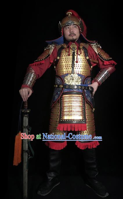 Traditional Chinese Song Dynasty General Golden Body Armor Ancient Cavalry Warrior Iron Costumes and Helmet Full Set